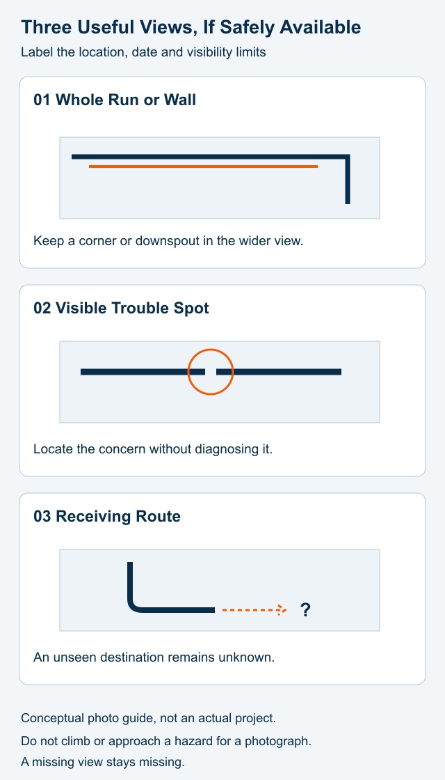 Three conceptual photo frames: the whole run, the visible trouble spot and the receiving route, each paired with a date and visibility note