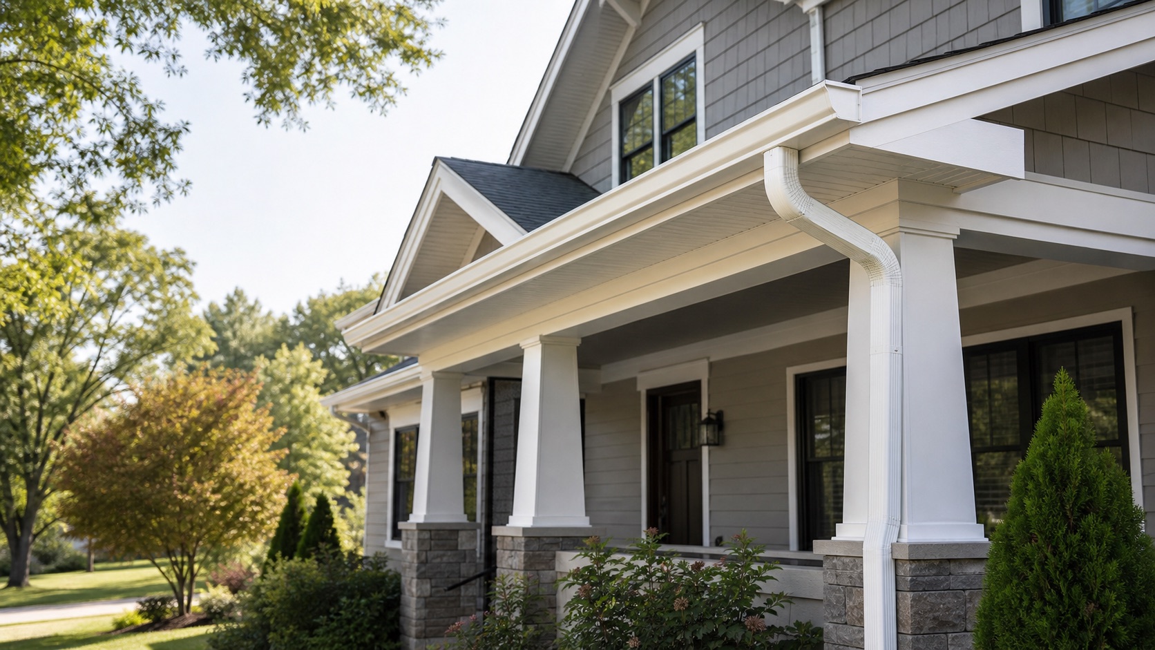 Illustrative home with white gutters, a covered porch and mature trees