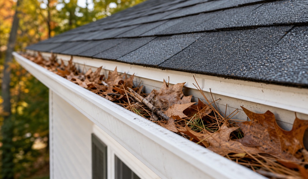 Illustrative leaves and debris in a residential gutter