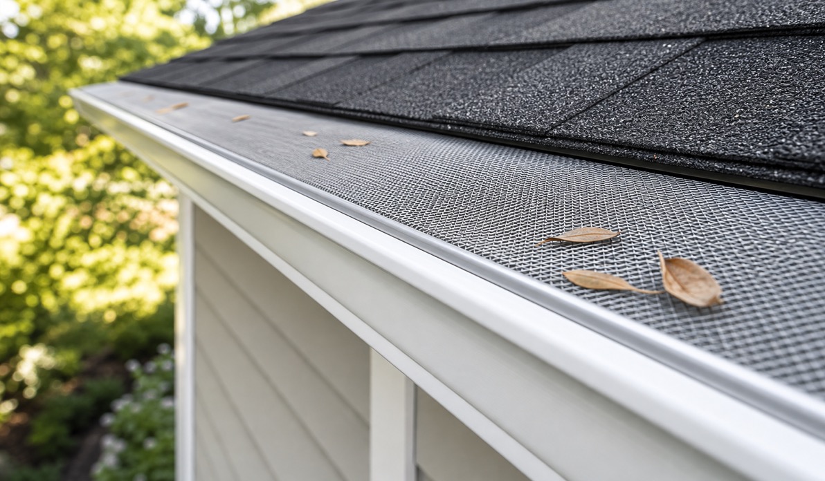 Illustrative gutter guard installed at a residential roof edge