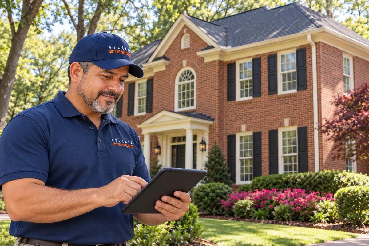 Atlanta Gutter Installation — Property Planning Technician reviewing a tablet outside a traditional brick home with cream gutters