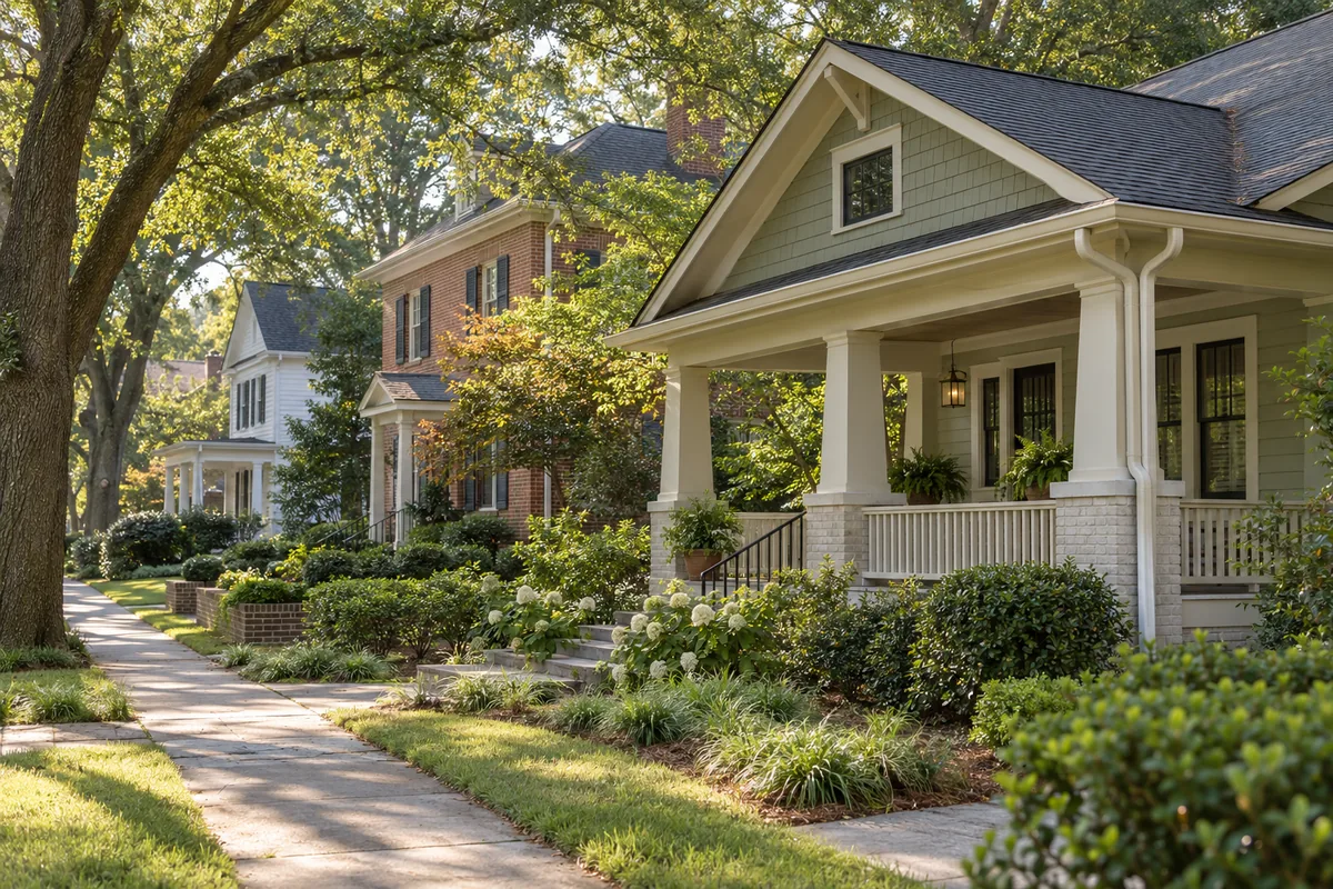 Illustrative tree-lined residential street with porches, gutters and downspouts