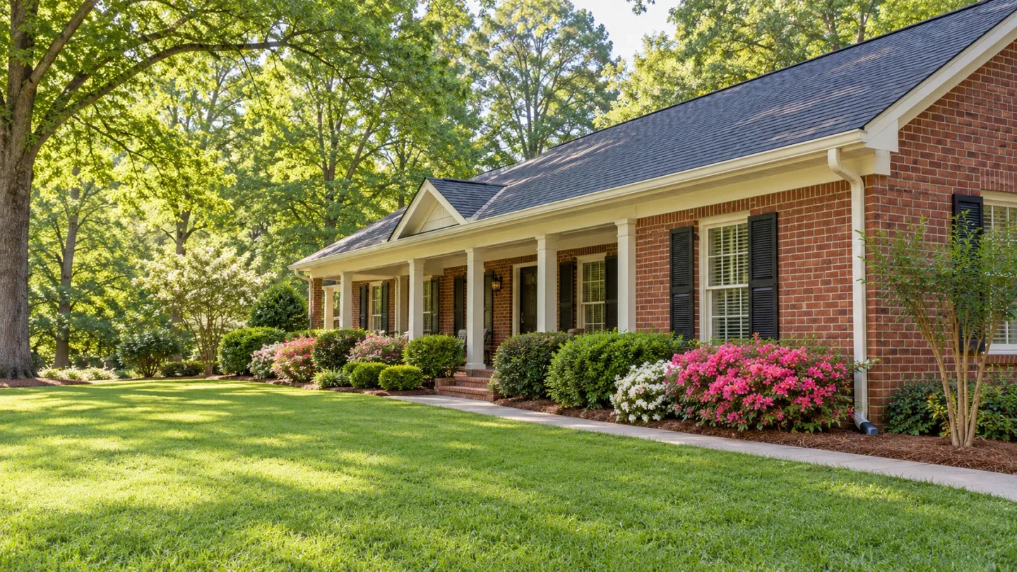 Atlanta Gutter Installation — Brick Home Roofline Cream gutters following the roofline of a red brick home with a covered porch