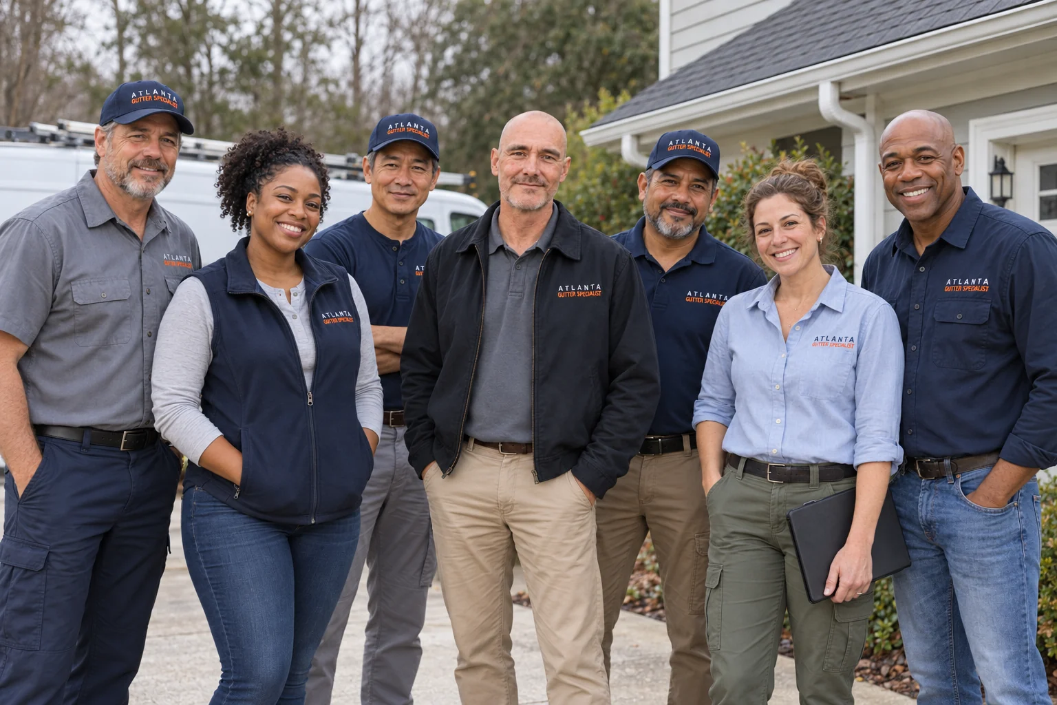 Bruce and a group in varied branded workwear looking toward the camera outside a home