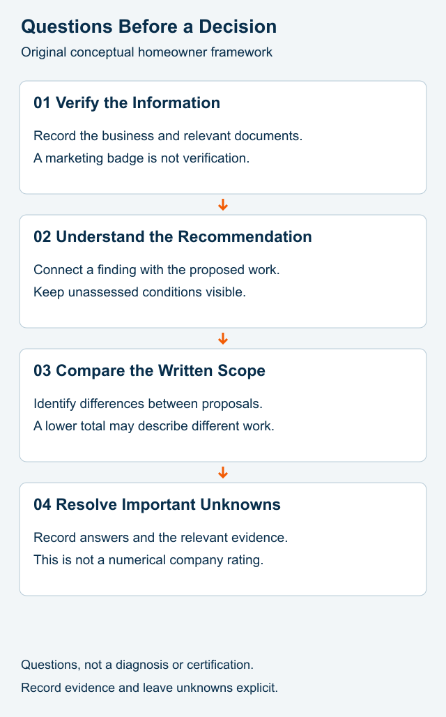 Four separate buyer-evaluation questions: verify the business information, understand the recommendation, compare the written scope and resolve unknowns
