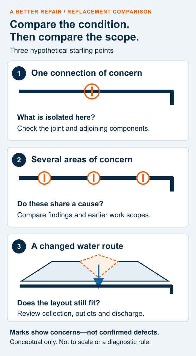Three conceptual gutter concerns showing an isolated connection, several affected areas and a changed roof-water route, each paired with a question for the assessment