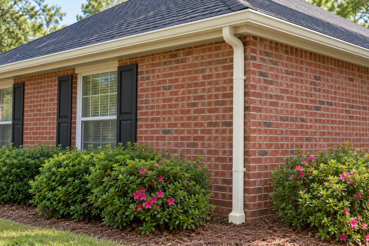 Gutter Installation — Straight Downspout Route Cream gutter with a short roof-edge offset and straight downspout connected to a ground drain