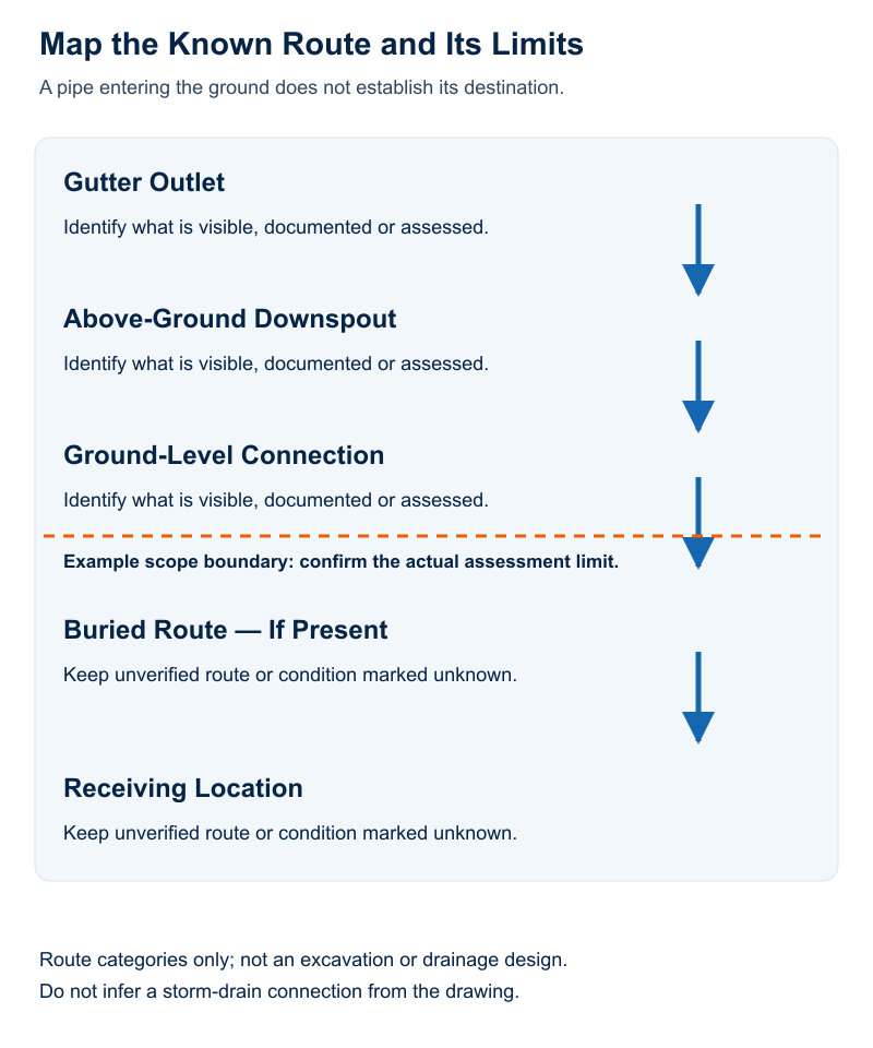 Five route categories from gutter outlet to receiving location, with an explicit above-ground and buried-assessment boundary.