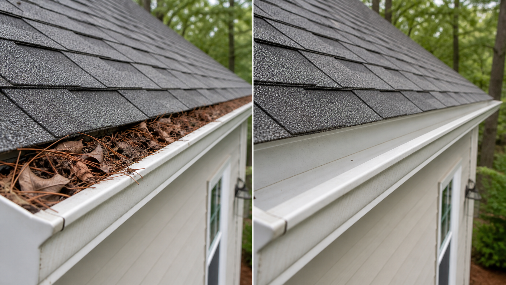 Illustrative matched view of the same gutter before and after debris removal