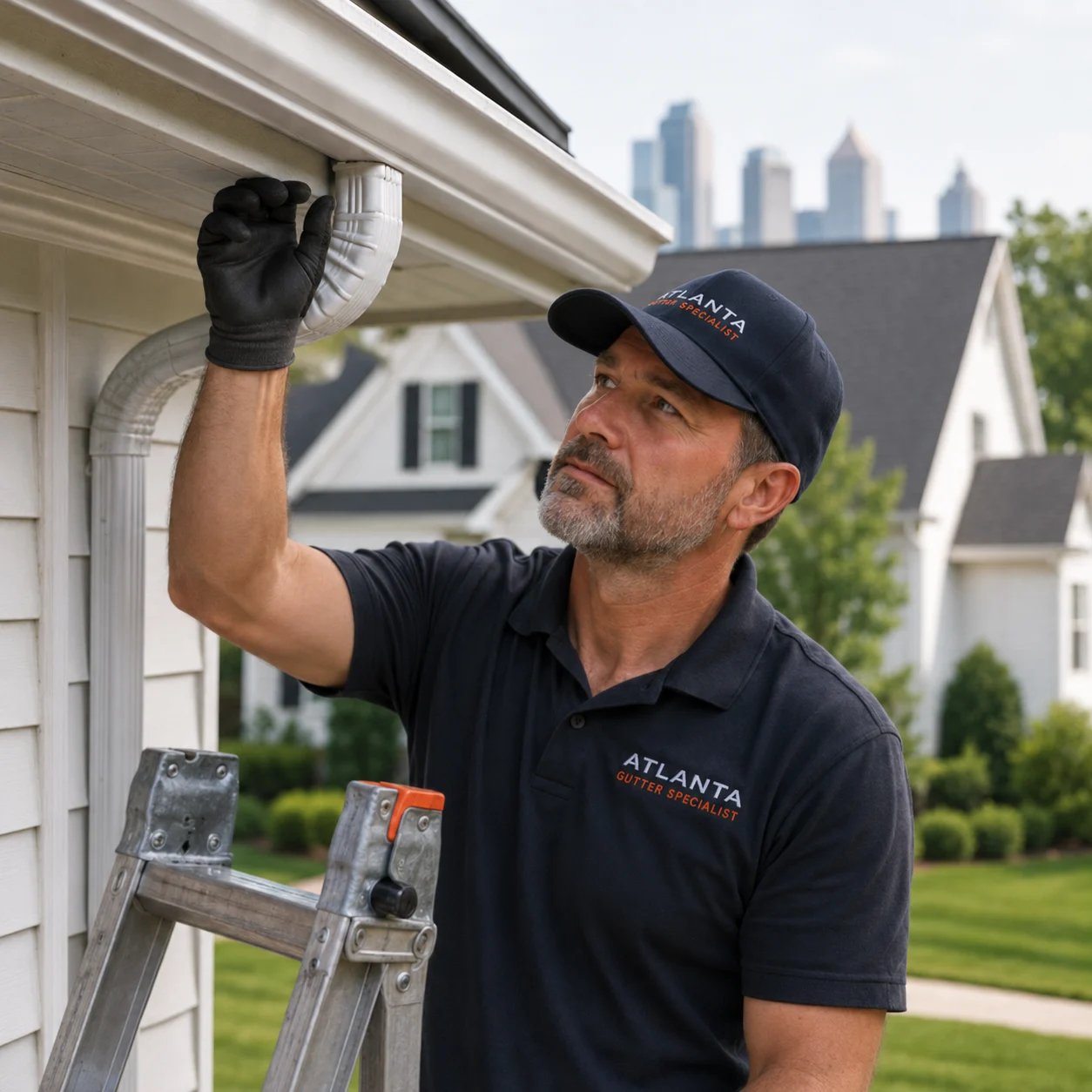 Illustrative person checking a gutter beside a downspout