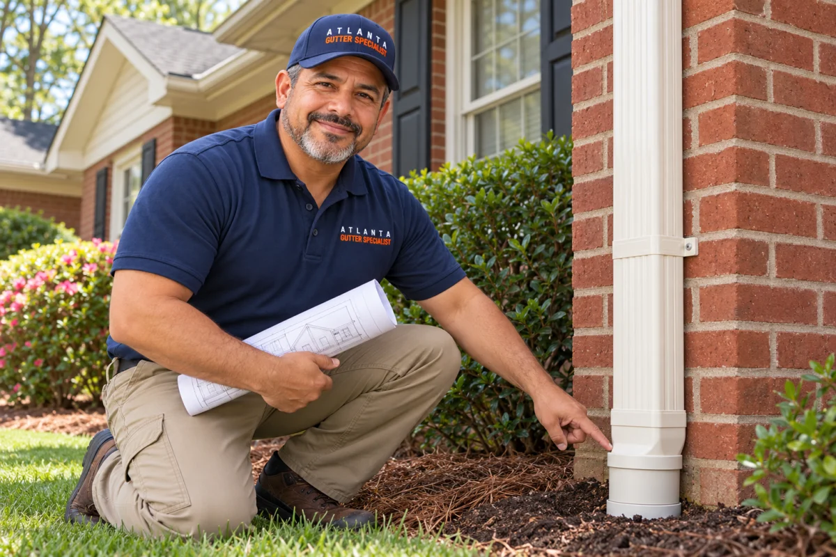 Gutter Installation — Downspout Planning Technician checking a downspout connection to an underground drain at a brick home