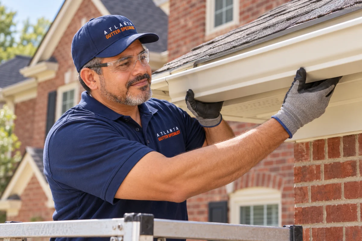 Gutter Installation Process — Fit the Gutters Technician positioning a cream gutter against the fascia of a brick home