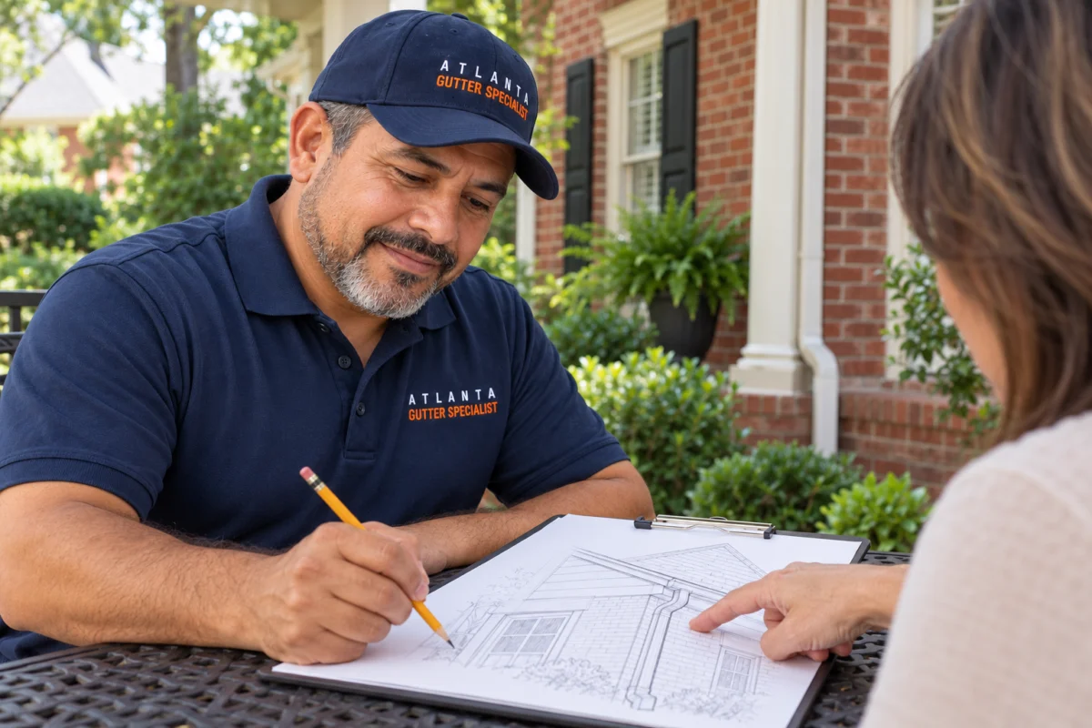 Gutter Installation Process — Define the Scope Technician and homeowner reviewing a gutter roofline plan at a porch table