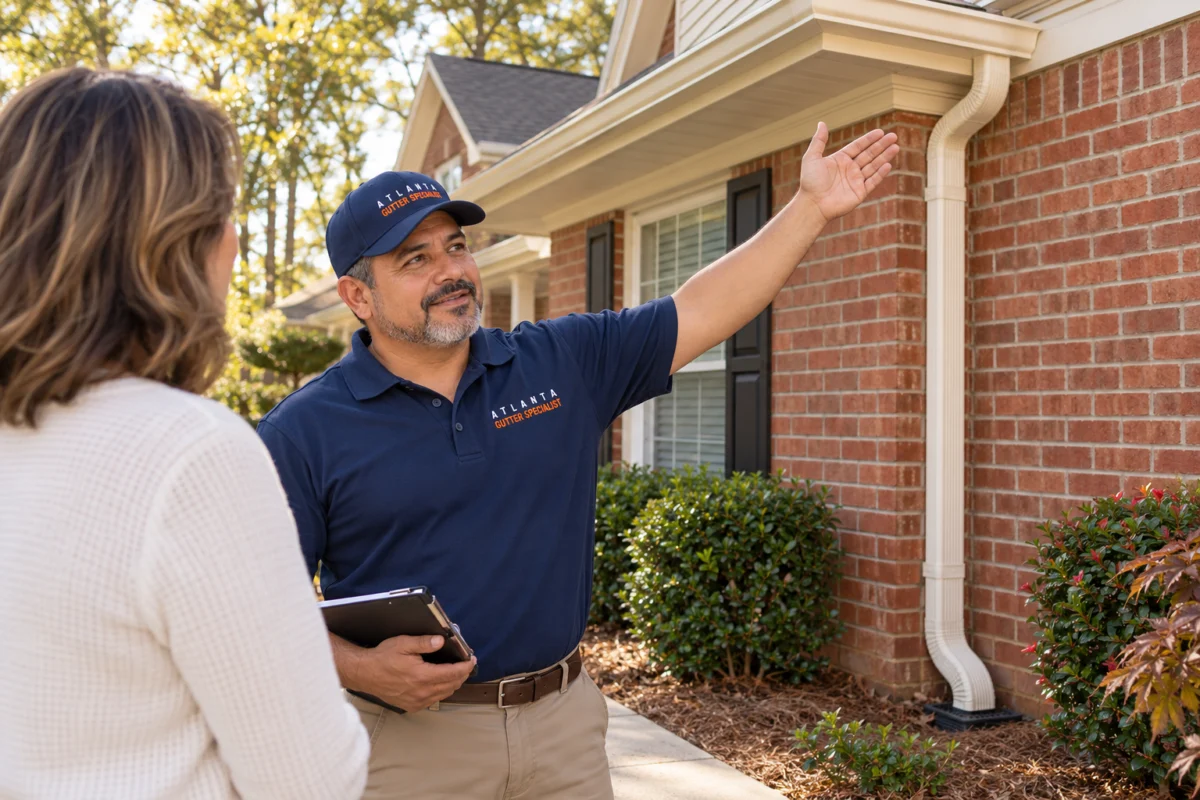 Gutter Installation Process — Final Walkthrough Technician discussing a new gutter and downspout with a homeowner