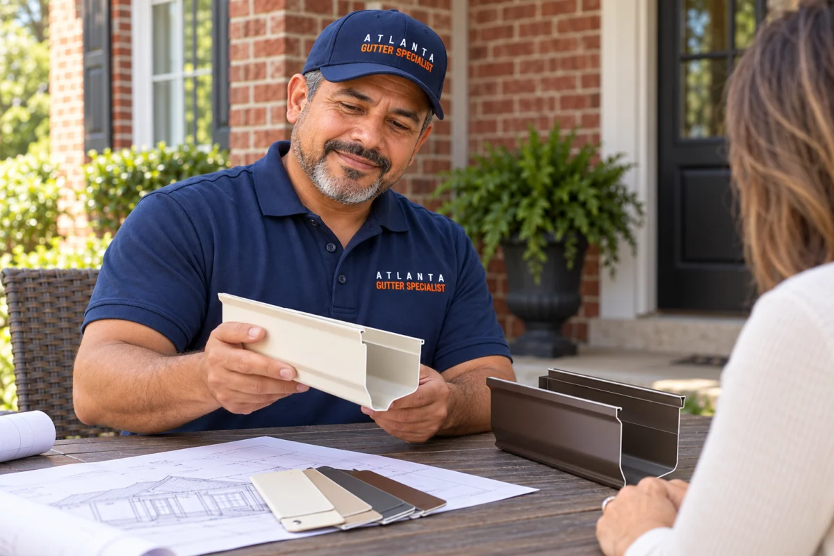 Gutter Installation — Profiles and Finishes Technician comparing cream and bronze gutter profile samples with a homeowner