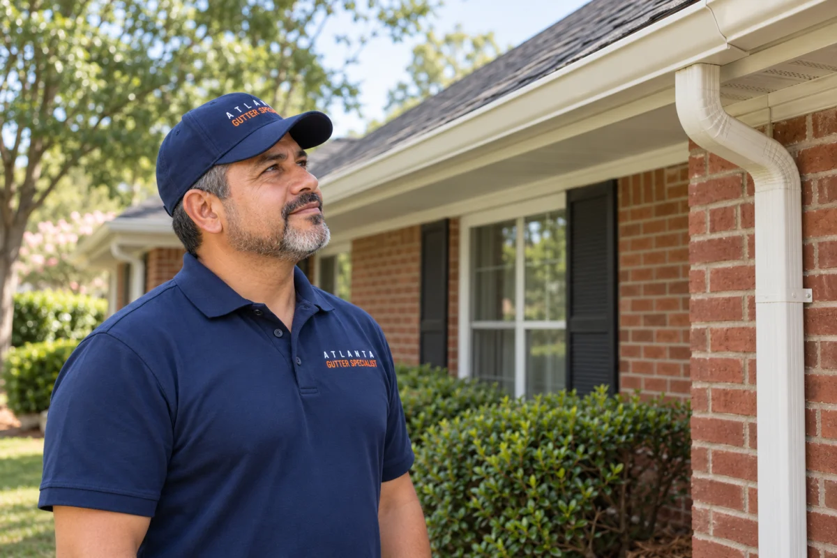 Gutter Installation Process — Roofline Observation Technician standing with relaxed arms while inspecting the roofline and gutters of a brick home