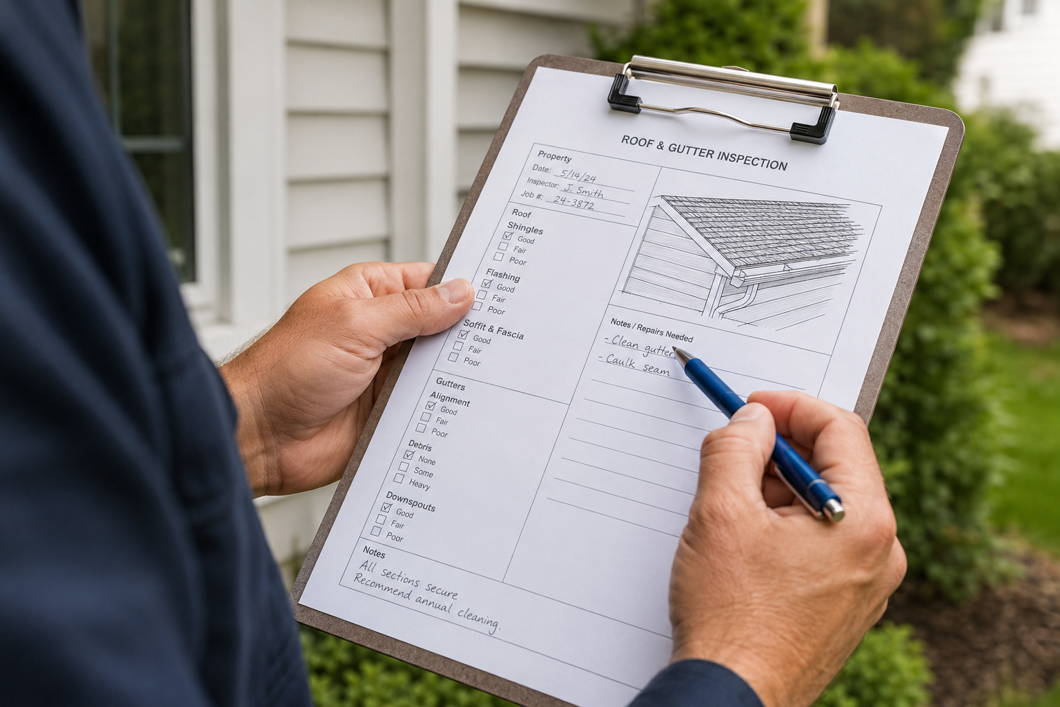 Illustrative homeowner reviewing gutter installation options