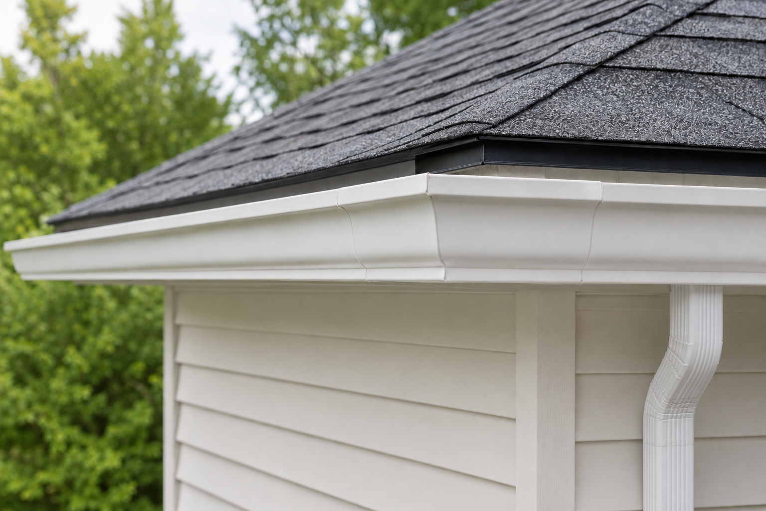 Illustrative house with gutters and a downspout