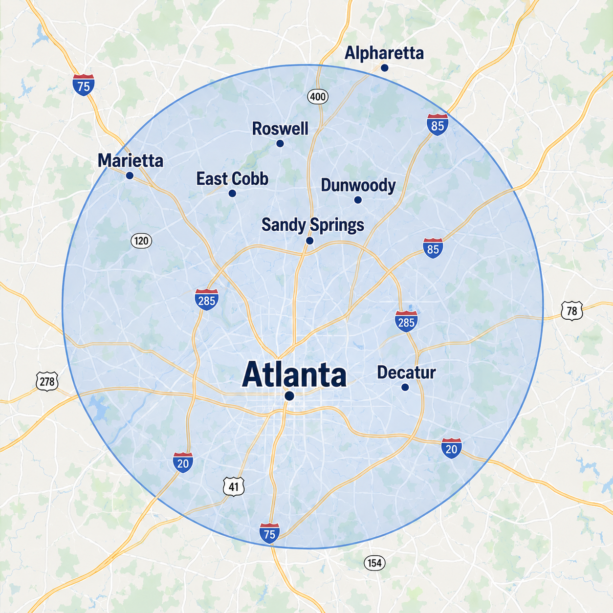 Illustrative map showing Atlanta and nearby communities