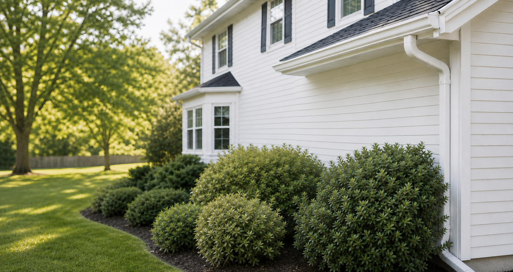 Illustrative white house with gutters and a downspout