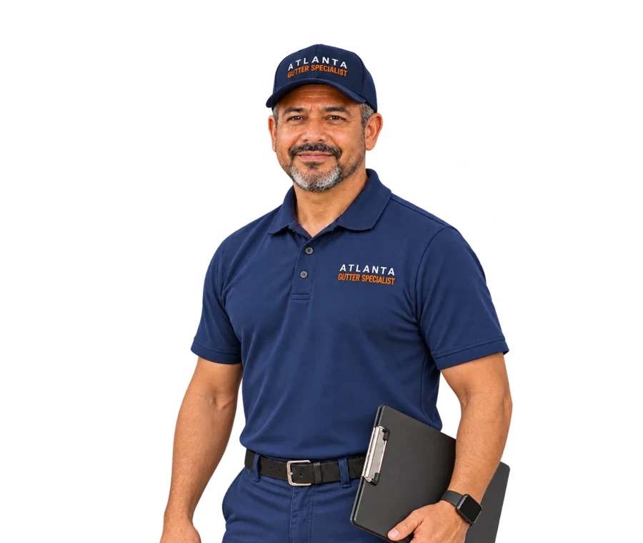 Atlanta Gutter Installation — Technician Hero Gutter installation technician in a navy branded uniform holding a clipboard at his side