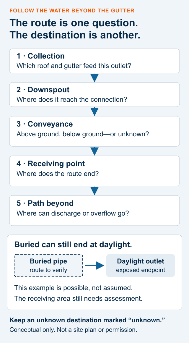 Conceptual water-route diagram separating collection, conveyance and receiving point, showing that a buried pipe may end at a daylight outlet and marking unverified destinations as questions